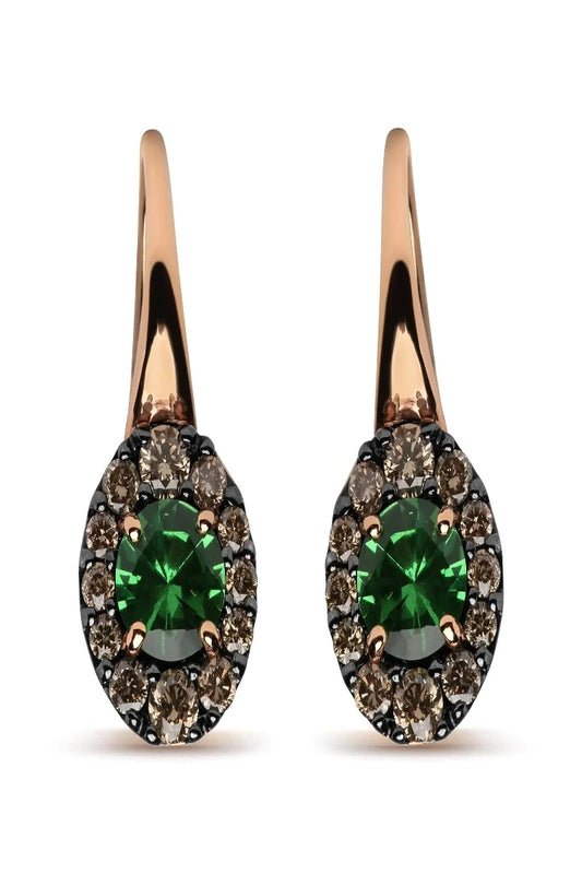 18K Rose and White Gold 3/8 Cttw Round Brown Diamonds and Round Green Tsavorite Gemstone Halo Drop Hoop Earrings (Brown Color, SI1-SI2 Clarity)