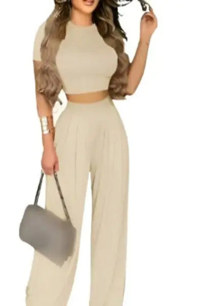 Two Piece Sets Elegant Print Short Sleeve Shirt Pullover + Wide Leg Pants Suits