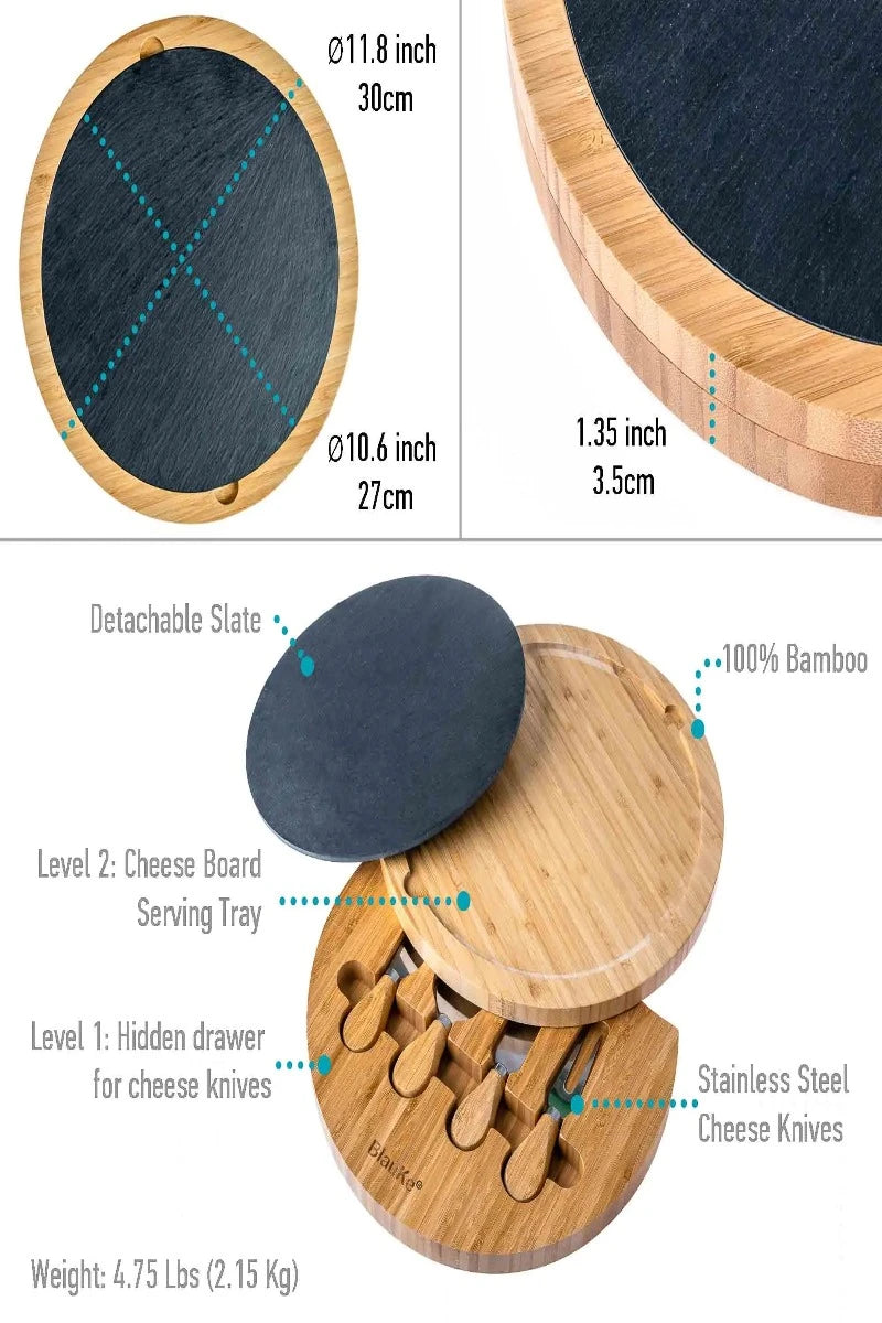 Round Bamboo Cheese Board with Knife Set and Removable Slate - 12 inch Swiveling Charcuterie Board