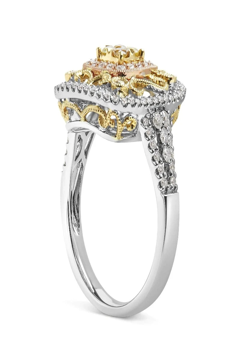 14K Tri-Toned Gold 1.00 Cttw Yellow Diamond Halo and Milgrain Cocktail Cluster Ring (Yellow/G-H Color, SI1-SI2 Clarity) - Ring Size 7