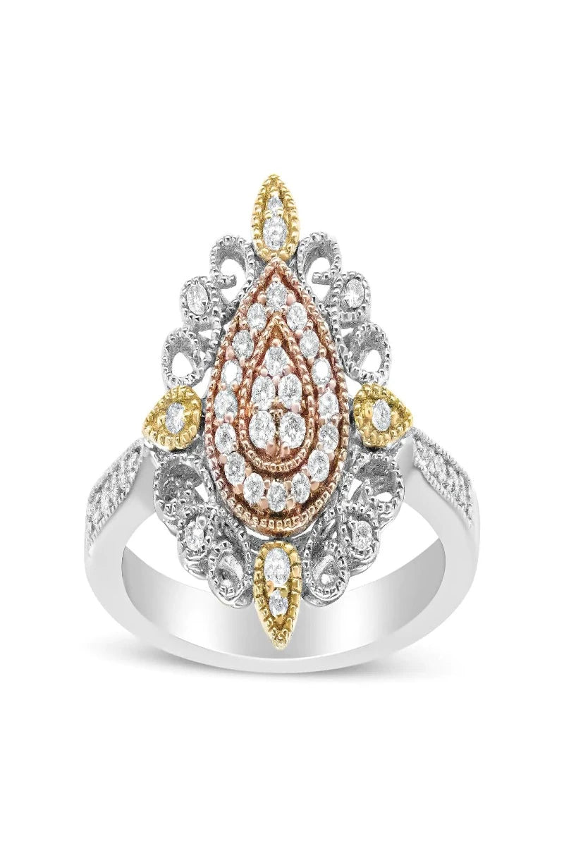 14K Tri Gold 1/4 Cttw Diamond Art Deco Style Halo Cocktail Ring (H-I Color, VS1-VS2 Clarity)