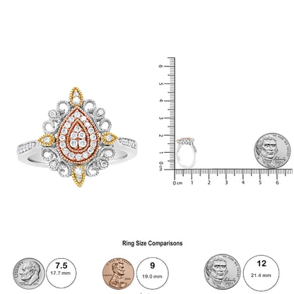 14K Tri Gold 1/4 Cttw Diamond Art Deco Style Halo Cocktail Ring (H-I Color, VS1-VS2 Clarity)