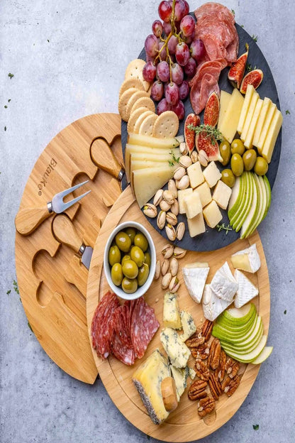 Round Bamboo Cheese Board with Knife Set and Removable Slate - 12 inch Swiveling Charcuterie Board